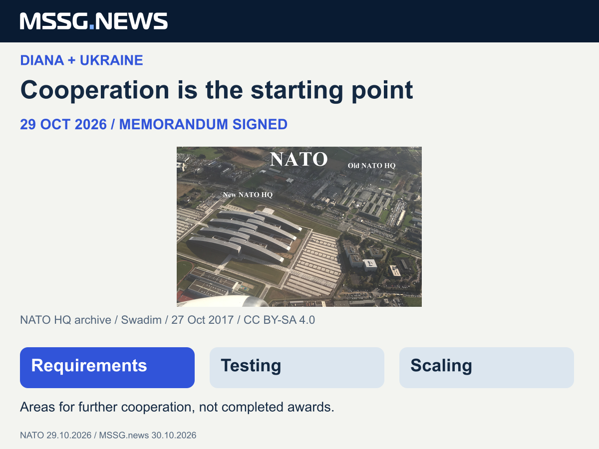 NATO identifies requirements, testing and scaling as areas for further DIANA-Ukraine cooperation. The memorandum was signed on 29 October 2026. These are areas for work, not completed awards; the inset is a labelled NATO headquarters archive photograph from 2017.