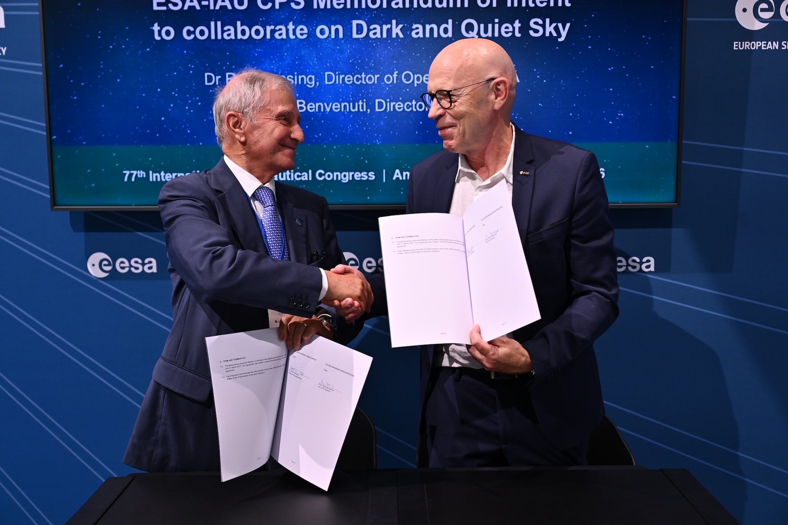 IAU CPS Director Piero Benvenuti and ESA Director of Operations Rolf Densing. Their cooperation addresses satellite interference with astronomy.