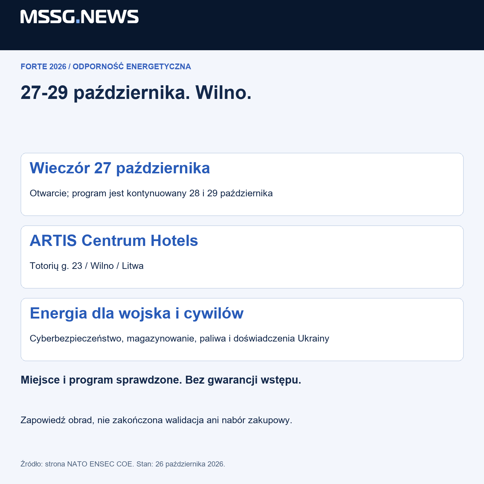 Zapowiedziane daty, miejsce i program; nie relacja z obrad ani potwierdzenie wstępu.