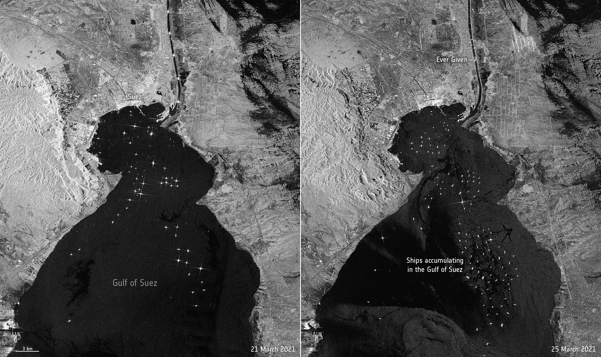 Archiwalne porównanie ruchu na Kanale Sueskim w marcu 2021 roku z Sentinel-1, bez zmian. Ilustruje obserwację radarową żeglugi, a nie wyniki przetargu z 2026 roku. Oryginalne oznaczenia mapy są po angielsku.