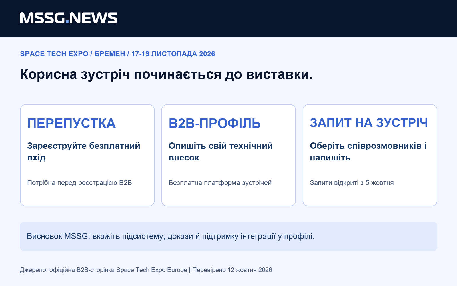 Спочатку зареєструйте перепустку, потім створіть безплатний B2B-профіль і запропонуйте цільові зустрічі до 17 листопада.