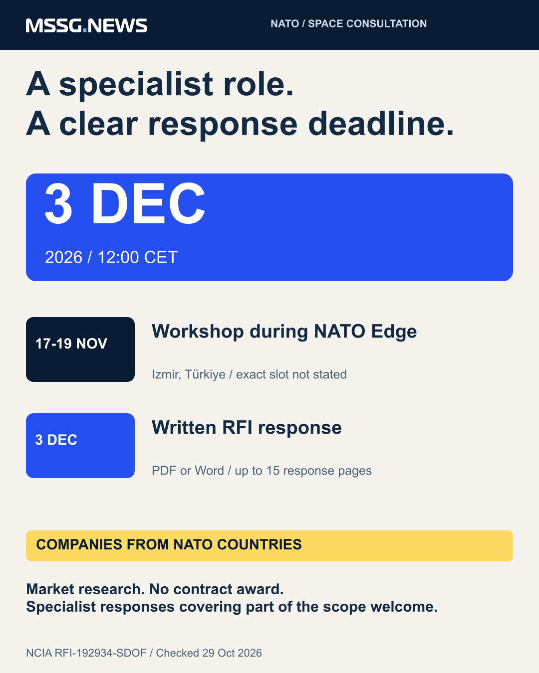 NCIA RFI-192934-SDOF: written feedback by 3 December 2026, 12:00 CET; industry workshop during NATO Edge, 17-19 November in Izmir. The consultation is restricted to companies from NATO countries and does not award contracts. Dates are separate stages, not a measured delivery timeline.