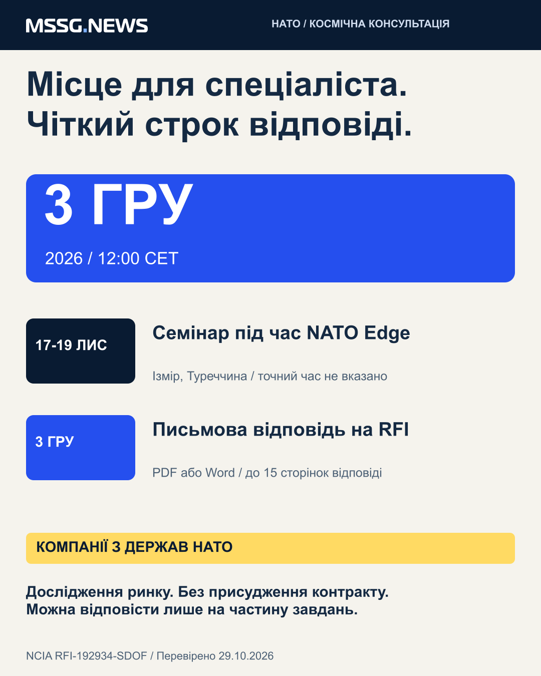 NCIA RFI-192934-SDOF: відповіді до 12:00 CET 3 грудня 2026 року; семінар під час NATO Edge 17-19 листопада в Ізмірі. Участь компаній із держав НАТО; консультація не присуджує контрактів. Це різні етапи, а не виміряний графік постачання.