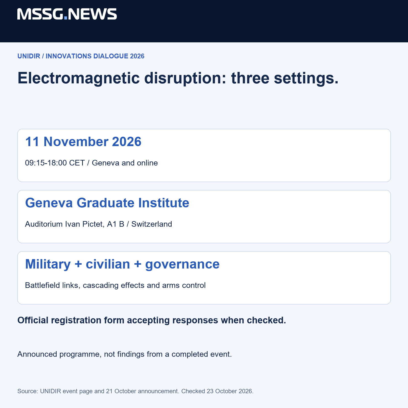 The announced date, venue and programme; registration checked 23 October 2026.